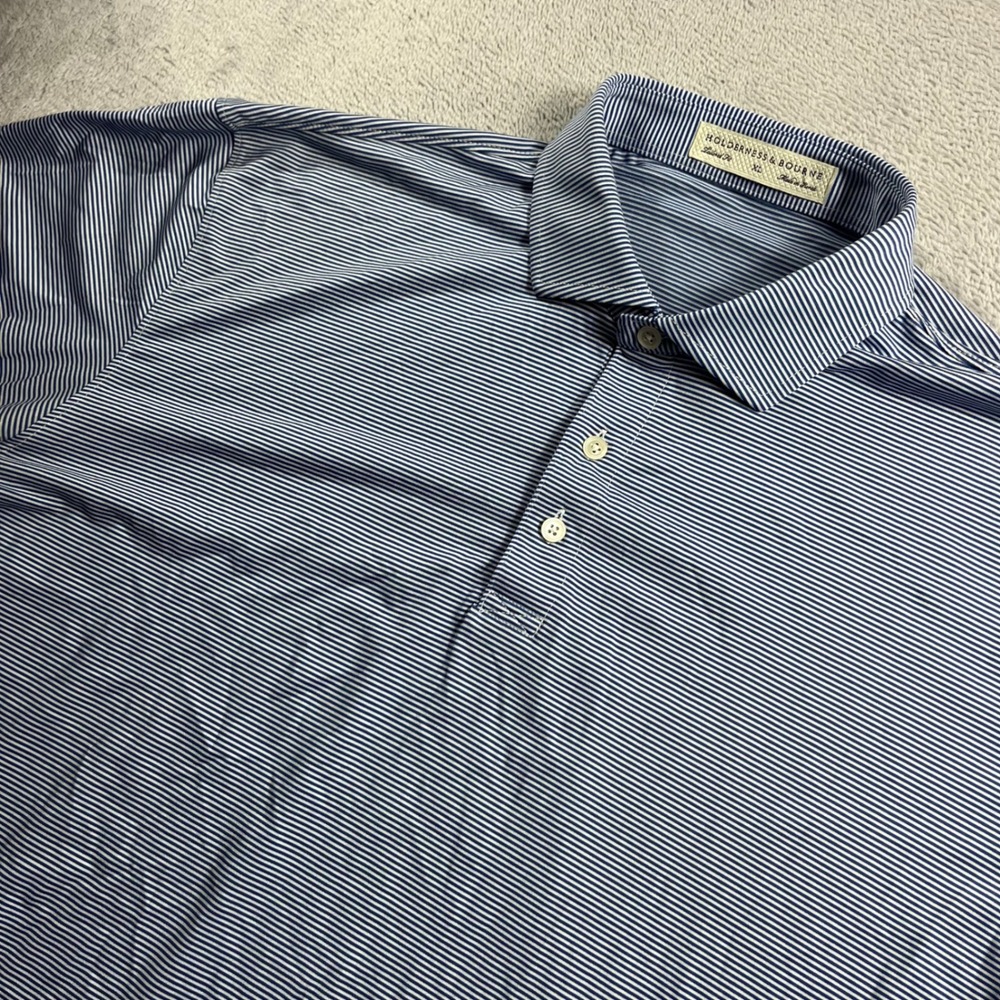 Holderness & Bourne Mens XL Tailored Fit Golf Polo Blue White Stripe Shirt
